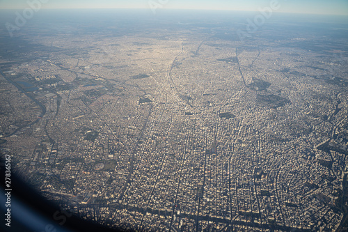 Aerial view of downtown Buenos aires city from airplane window in the morning with skyline