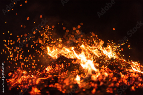 Burning red hot sparks fly from big fire. Beautiful abstract background on the theme of fire. Burning coals, flaming particles flying off against black background.