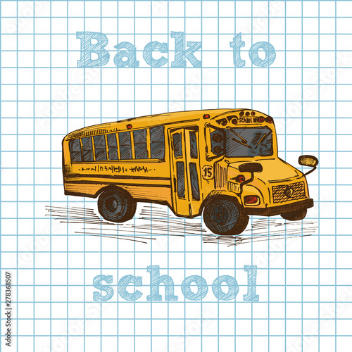 Hand drawn yellow school bus symbol on cell notebook seamless background. With text Back to School. Vintage background. Good idea for chalkboard design