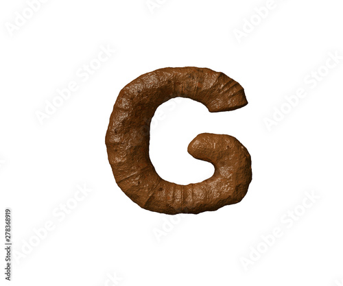 letter G of shit or mud isolated on white - bad smell brown alphabet, 3D illustration of symbols