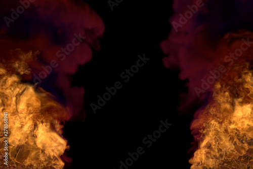 Flame from both the bottom corners - fire 3D illustration of blazing fire, frame with heavy smoke isolated on black background