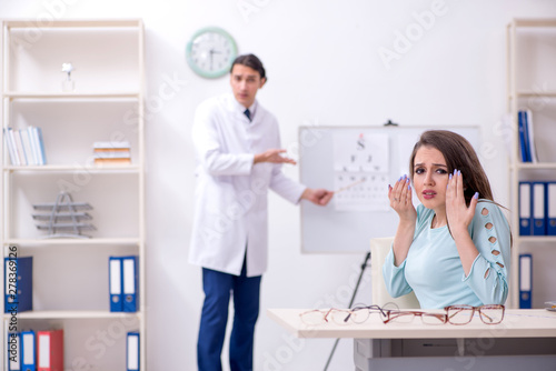 Young woman visiting male doctor oculist 