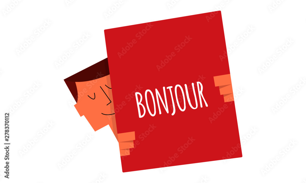 Bonjour sign on a board vector illustration. Man holding a sign Bonjour sign on a board vector illustration. Man holding a sign