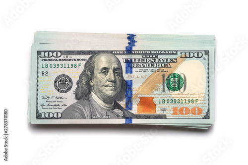 Isolated Heap of 100 US dollars bills background. One hundred. USA note. Top view. Flat lay. Business concept. Copy space place for text