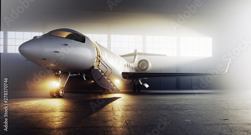 Business private jet airplane parked at terminal. Luxury tourism and business travel transportation concept. 3d rendering