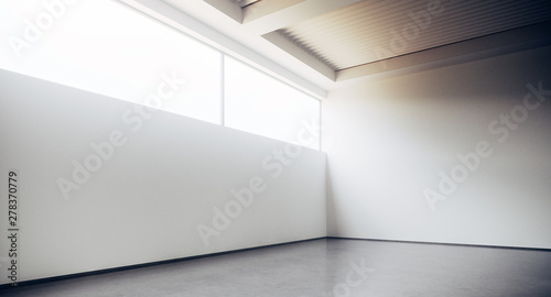 Empty loft style office building corridor with white concrete walls and floor. Concept of interior design and architecture. 3d rendering.