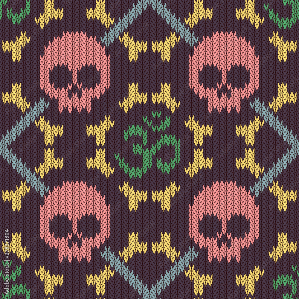 Seamless knitted pattern with sacred Hinduism symbol. Sacred syllable, symbol or mantra Om. Pink skull and bones