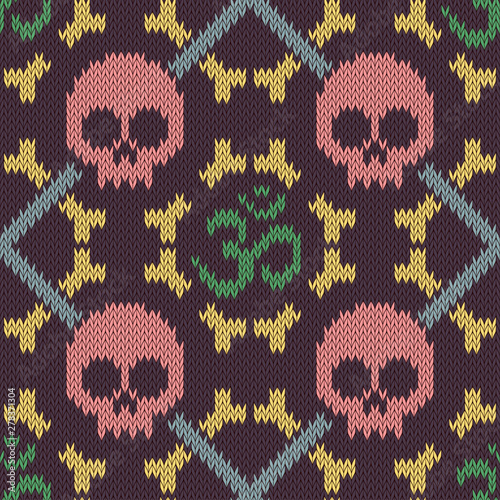 Seamless knitted pattern with sacred Hinduism symbol. Sacred syllable, symbol or mantra Om. Pink skull and bones