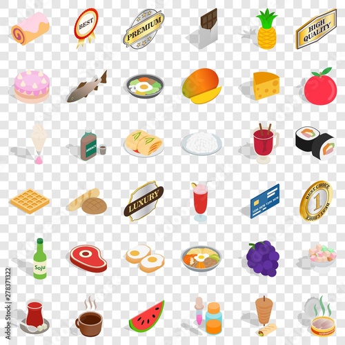Sushi icons set. Isometric style of 36 sushi vector icons for web for any design