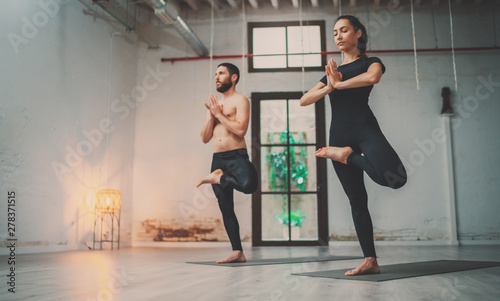 Yoga Practice Exercise Class Concept. Young woman and man practicing yoga indoors. Two sporty people doing exercises