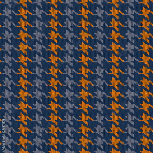 Seamless knitted woolen pattern Houndstooth. Vintage blue and orange hounds tooth check