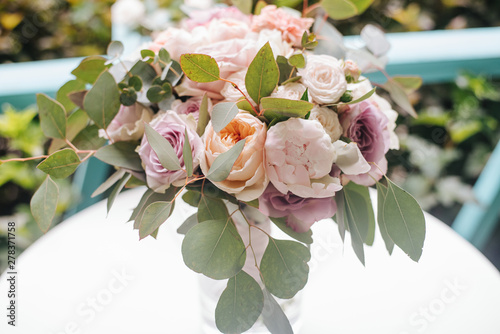 A beautiful wedding bouquet of flowers. Declaration of love in Valentine Day