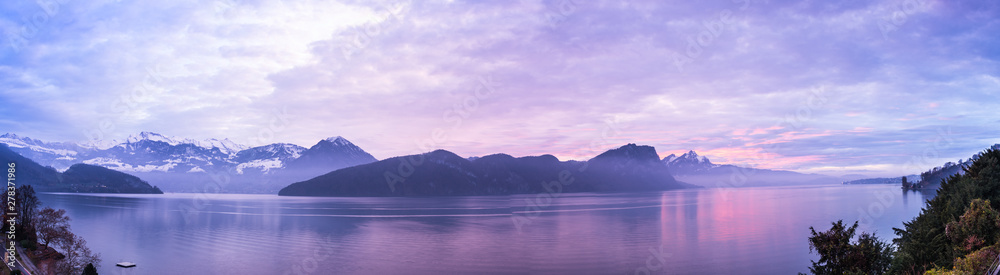 Panorama of sunset over Lake Lucerne.