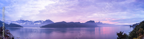 Panorama of sunset over Lake Lucerne.