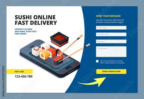 Food landing. Sushi seafood online restaurant menu order website form layout mobile app vector template. Seafood sushi, restaurant online orde illustration