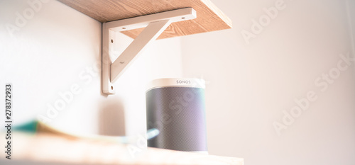 Stirling/Scotland - 7 July 2019: Sonos One Smart Speaker with Built-In Alexa Voice Control, Wi-Fi, White on white backround photo