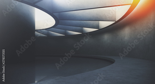 Futuristic and Modern dark interior with empty walls and concret floor. Concept of interior design and architecture. 3d rendering.