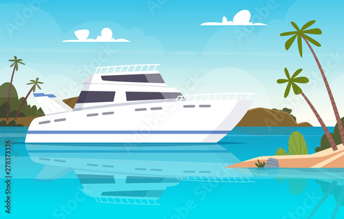 Ship at sea. Fishing boats underwater sunset ocean yacht or vessel vector background. Illustration of ship and boat, yacht near island