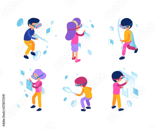 Futuristic people. Virtual reality augmentation persons male female future new technology managers workers vector isometric characters. Character worker in innovation simulator cyberspace illustration