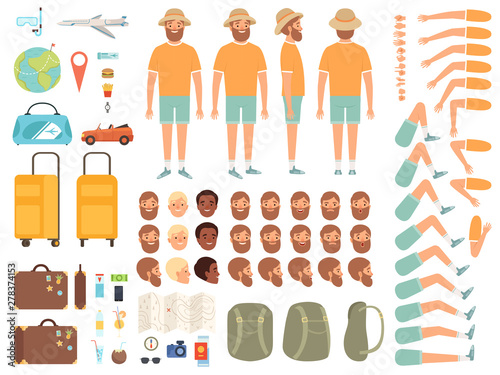 Tourist constructor. Male character body parts suitcase tickets and other items for travelling vector creation kit collection. Illustration of character animation man  part creation body