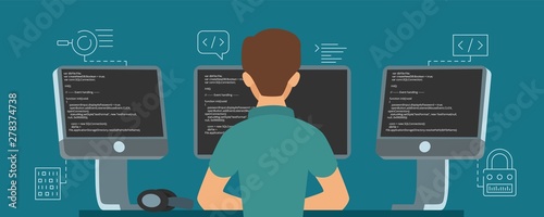 Software developer character. Vector programmer develops code illustration. Programmer programming soft and write script photo