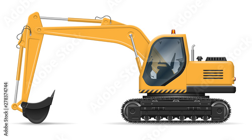 Yellow excavator with view from side isolated on white background. Construction vehicle vector mockup, easy editing and recolor photo