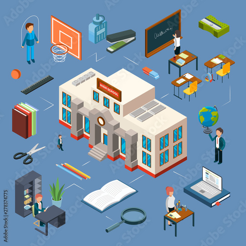 High school isometric vector illustration. 3D school building, classroom, teachers, books, stationery. Education college building and elements desk and textbook, blackboard and globe