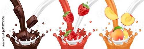 Milk, chocolate, fruit juice flows. Vector realistic splashes with strawberry, peach and chocolate bars. Illustration of fruit with milk, strawberry vitamin and splash juicy