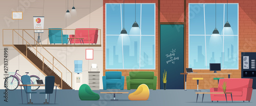 Coworking workspace. Modern freelancers office working people in open space business corporate cafe vector cartoon. Coworking workspace or workplace illustration
