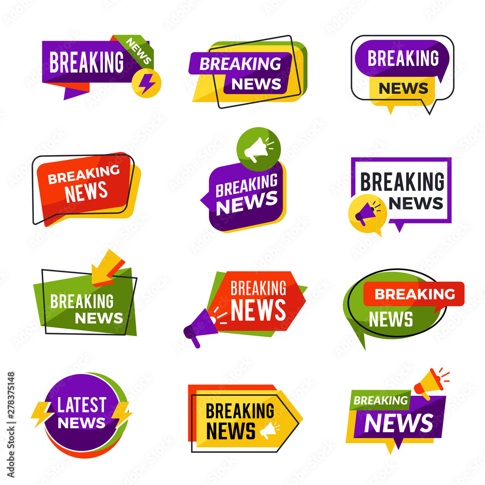 News announce. Daily geometric media informers for website advertising information for breaking news vector badges collection. Breaking news emblem, broadcasting newscast informing illustration News announce. Daily geometric media informers for website advertising information for breaking news vector badges collection. Breaking news emblem, broadcasting newscast informing illustration