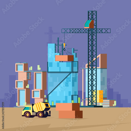 Construction flat. Vector low poly buildings production house builder landscape vector picture. Construction site industrial, build crane equipment illustration