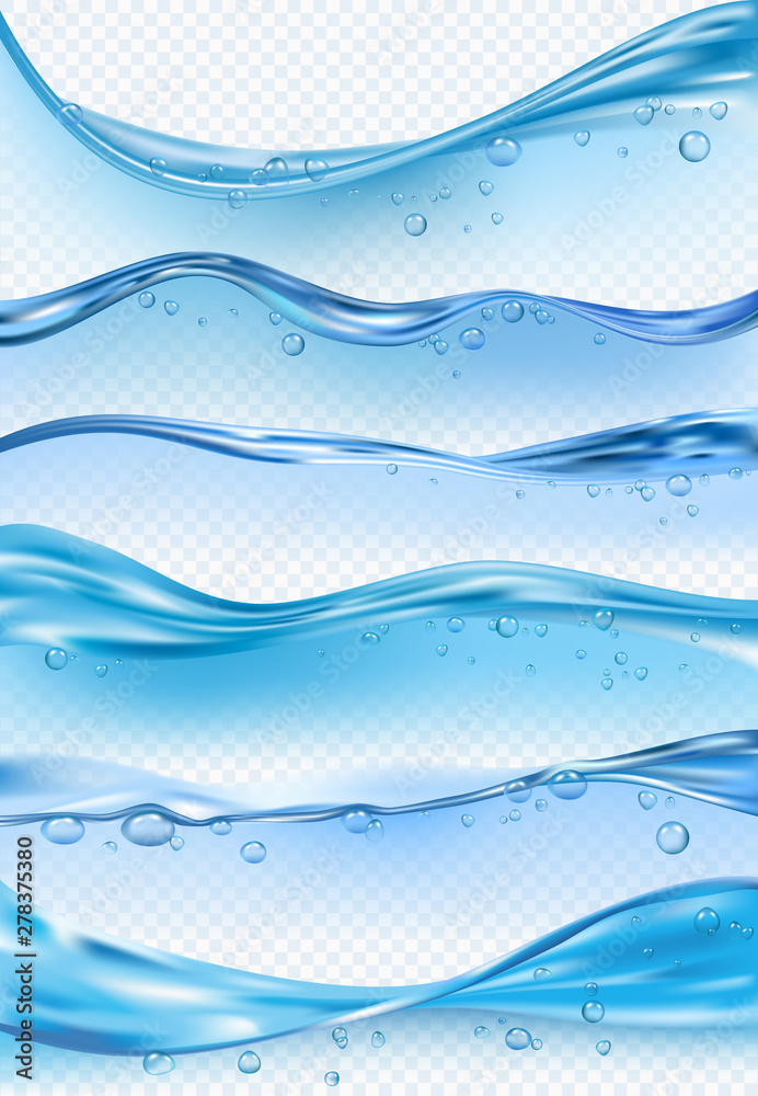 Wave realistic. Macro flowing liquid surface with drops and splashes vector waves illustrations isolated on transparent background Wave realistic. Macro flowing liquid surface with drops and splashes vector waves illustrations isolated on transparent background