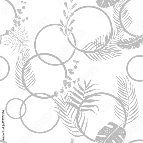 tropical palm leaves and circles seamless floral pattern hand drawn leaves