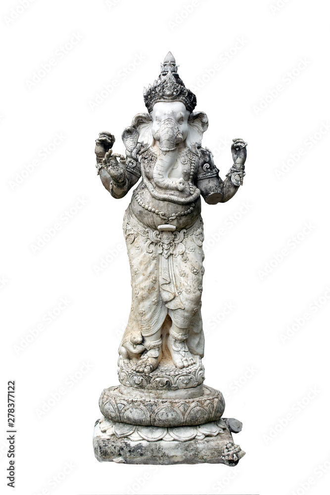 Ancient statue of standing ganesha on white background.
