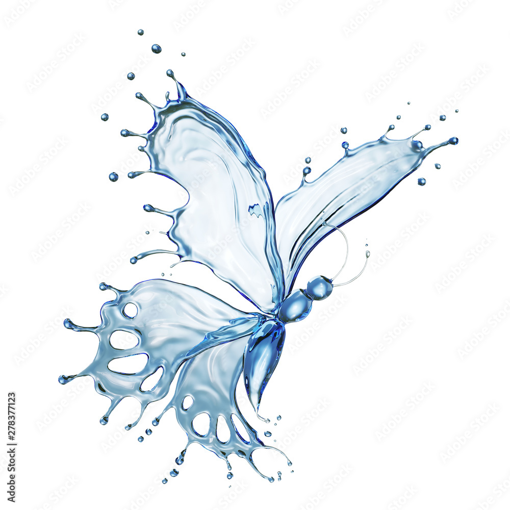 Butterfly made of water splash shape, liquid 3d rendering. - obrazy, fototapety, plakaty 