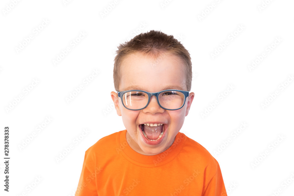 Fototapeta premium Little cute boy in glasses fun laughing, isolated on white background