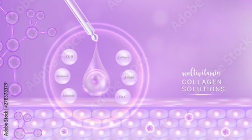 Hyaluronic acid plus multivitamins and minerals skin solutions ad, purple collagen serum drop with cosmetic advertising background ready to use, illustration vector.