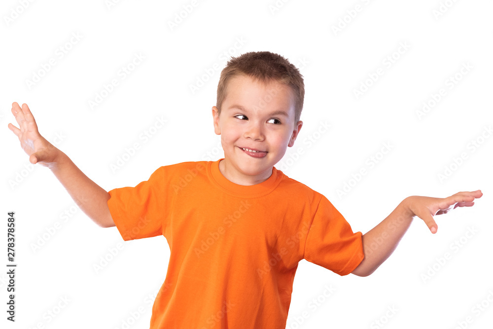Little cute boy making funny faces, isolated on white background Little cute boy making funny faces, isolated on white background
