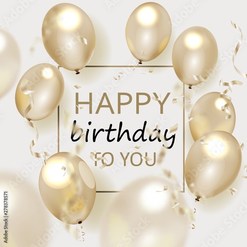 birthday elegant greeting card with gold balloons and falling confetti
