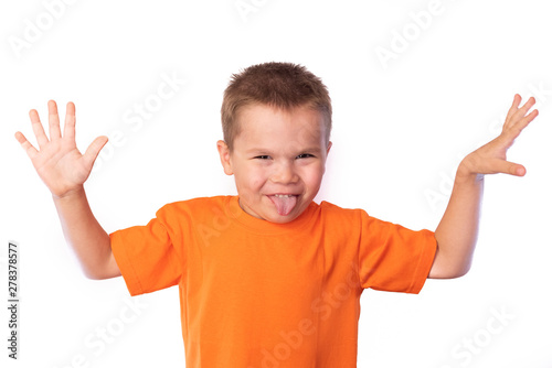 Little cute boy making funny faces, isolated on white background