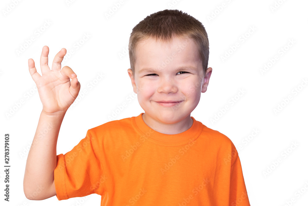 Little cute boy showing OK sign and smiling, isolated on white background Little cute boy showing OK sign and smiling, isolated on white background