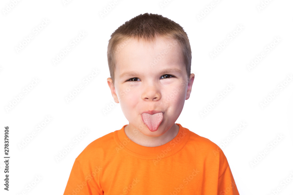 Cute little boy funny shows tongue isolated on white background Cute little boy funny shows tongue isolated on white background