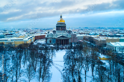 Saint-Petersburg. Russia. St. Petersburg winter view. Isaakievsky cathedral in winter. Panorama from the height of St. Isaac's Cathedral. Architecture of St. Petersburg. Russian city landscapes.