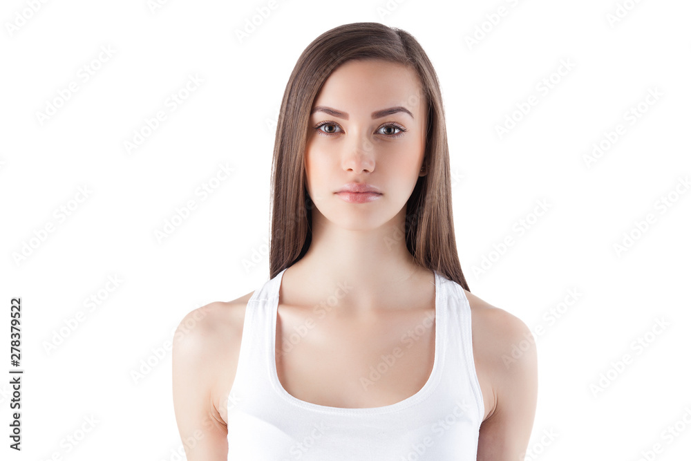 Attractive young woman on isolated white background. Closeup portrait of beautiful female looking at camera. Attractive young woman on isolated white background. Closeup portrait of beautiful female looking at camera.