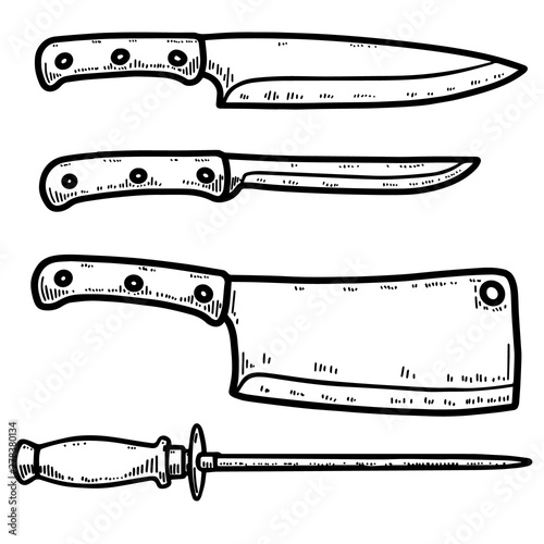 Illustration of set of kitchen knives isolated on white background. Design element for poster, t shirt, card, banner, emblem, sign. Vector illustration