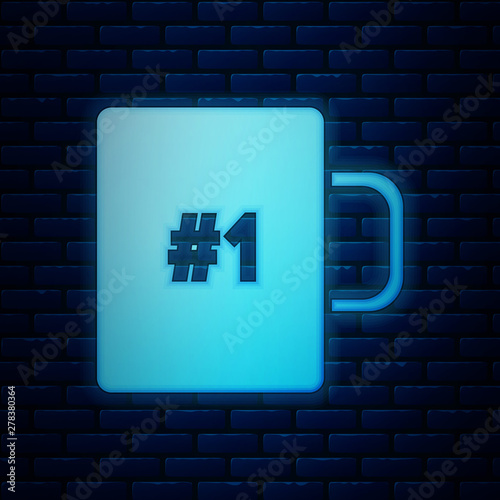 Glowing neon Coffee cup flat icon isolated on brick wall background. Tea cup. Hot drink coffee. Vector Illustration