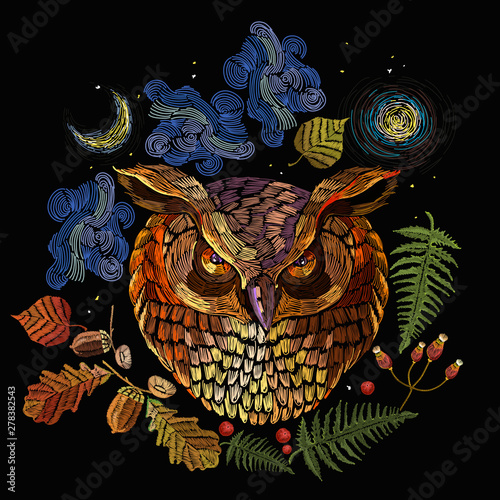 Owl and night forest. Magic embroidery, autumn fairy tale art. Fashion template for clothes, t-shirt design photo