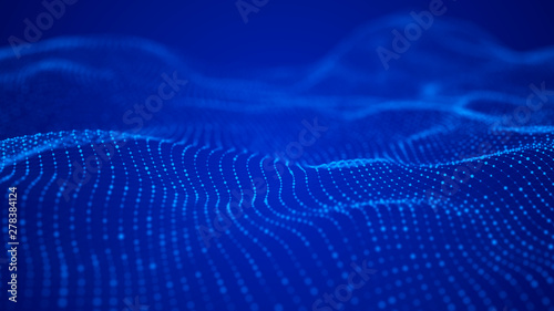 Wave 3d. Wave of particles. Abstract Blue Geometric Background. Big data visualization. Data technology abstract futuristic illustration. 3d rendering.