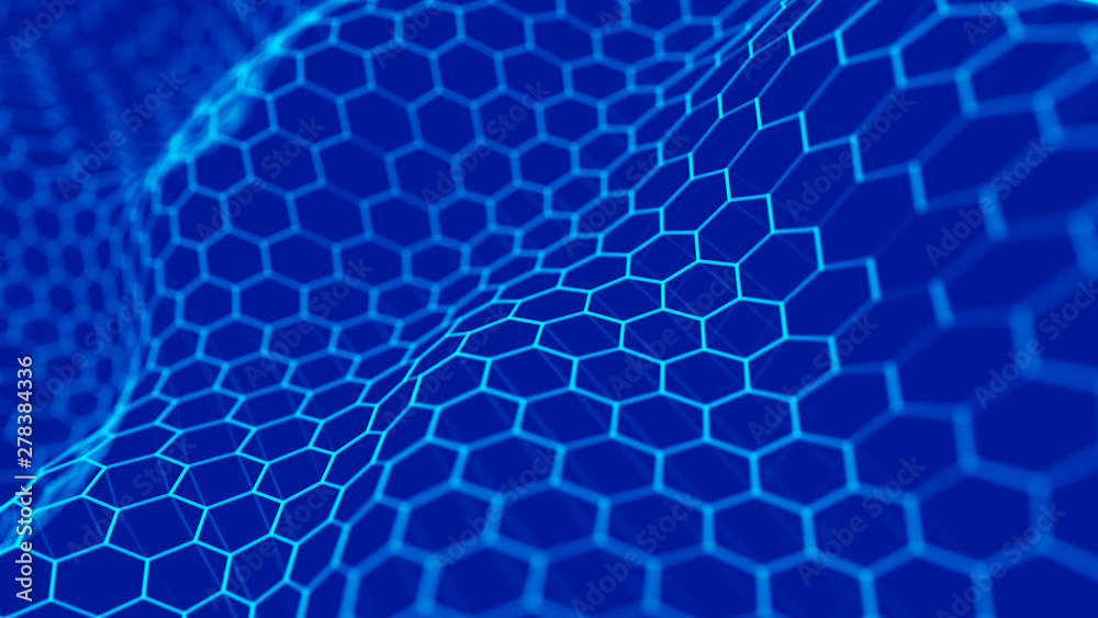 Futuristic blue hexagon background. Futuristic honeycomb concept. Wave of particles. 3D rendering. Futuristic blue hexagon background. Futuristic honeycomb concept. Wave of particles. 3D rendering.