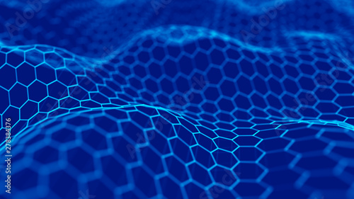 Futuristic blue hexagon background. Futuristic honeycomb concept. Wave of particles. 3D rendering.